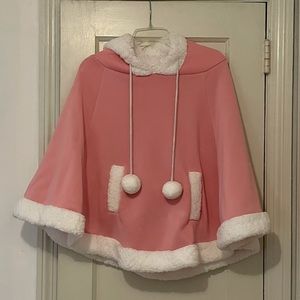 Warm Pink Poncho with White Trim and Hood. One size Juniors